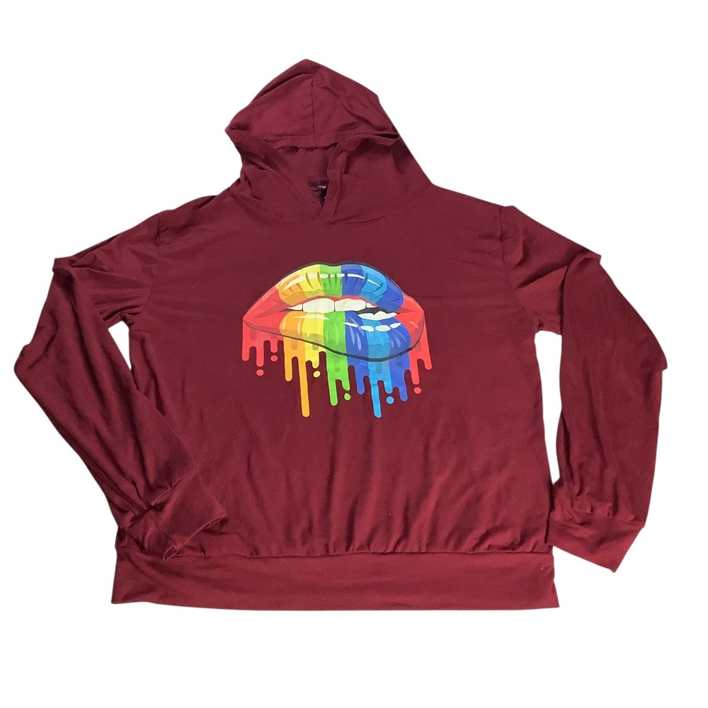 AQ Sport Hoodie Women Medium Burgundy Rainbow Drip Lips Graphic Streetwear